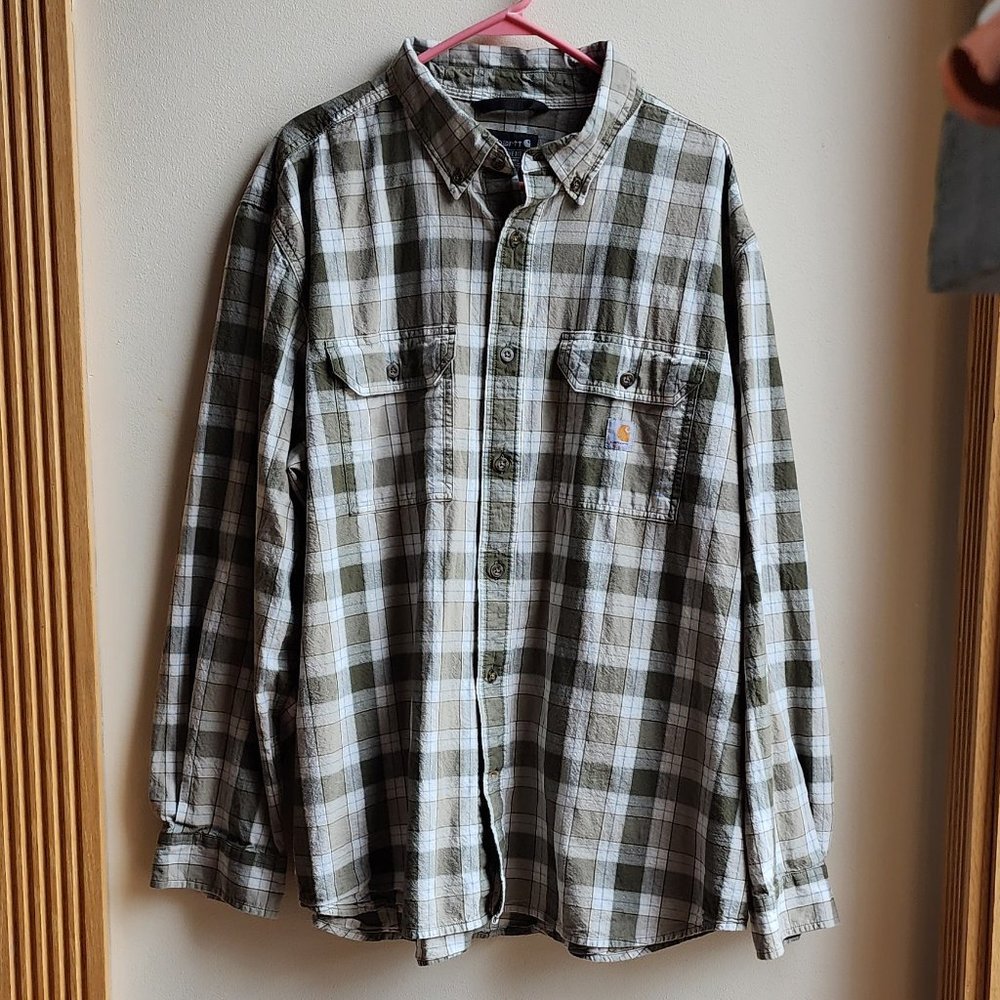 ❤️ Mens Carhartt Olive Green and White Plaid Button-Down Shirt